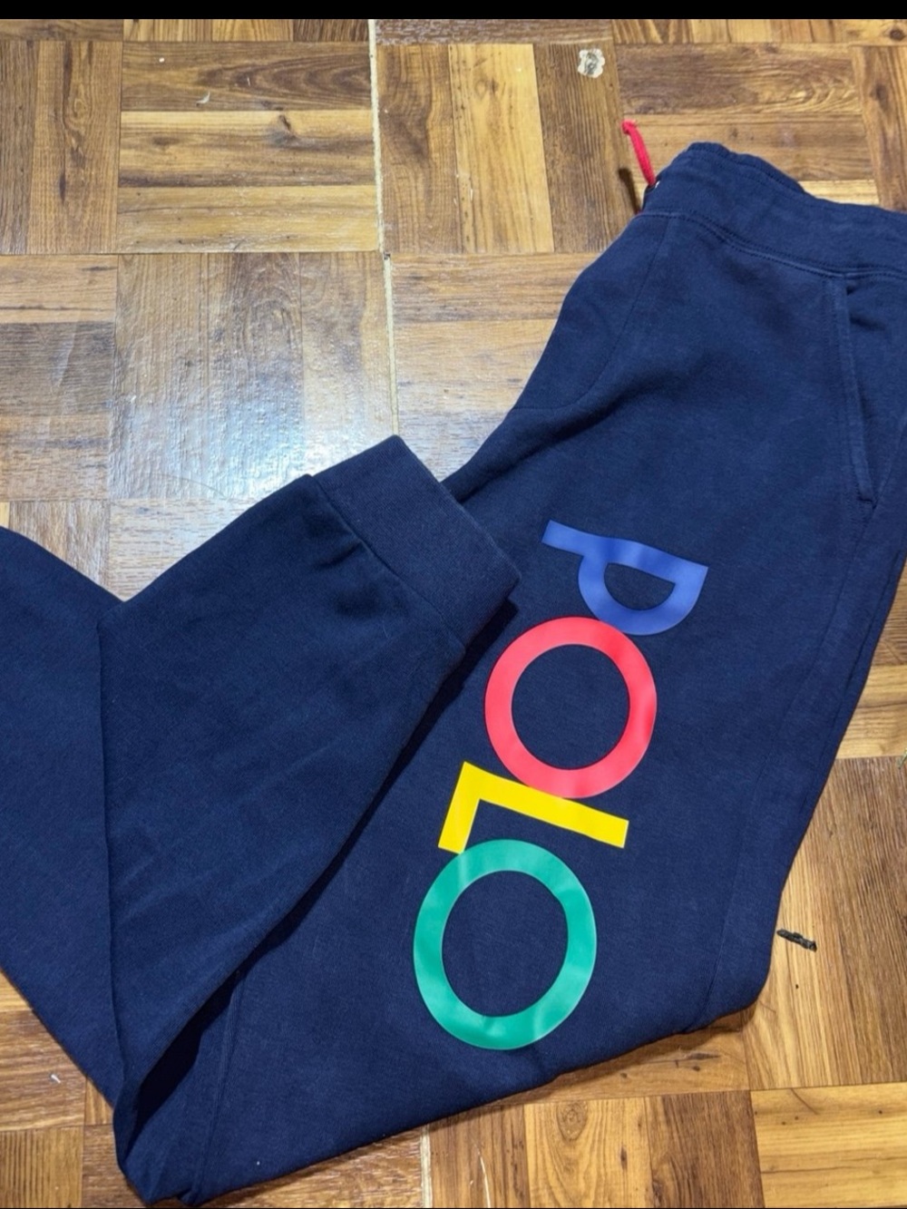 Polo Ralph Lauren navy jogger pants with multicolored logo, Youth size 14-16
